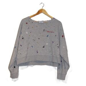 Champion Womens Light Gray Paint Splatter Cropped Sweatshirt Large